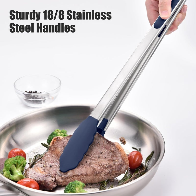 Doosu Kitchen Tongs for Cooking - 600°F Heat Resistant Food Tong with Non-Scratch Silicone Tips, Heavy Duty Stainless Steel Locking Tong for BBQ, Grilling Steak, Serving Salad Pasta (16in, Navy Blue) - Image 4